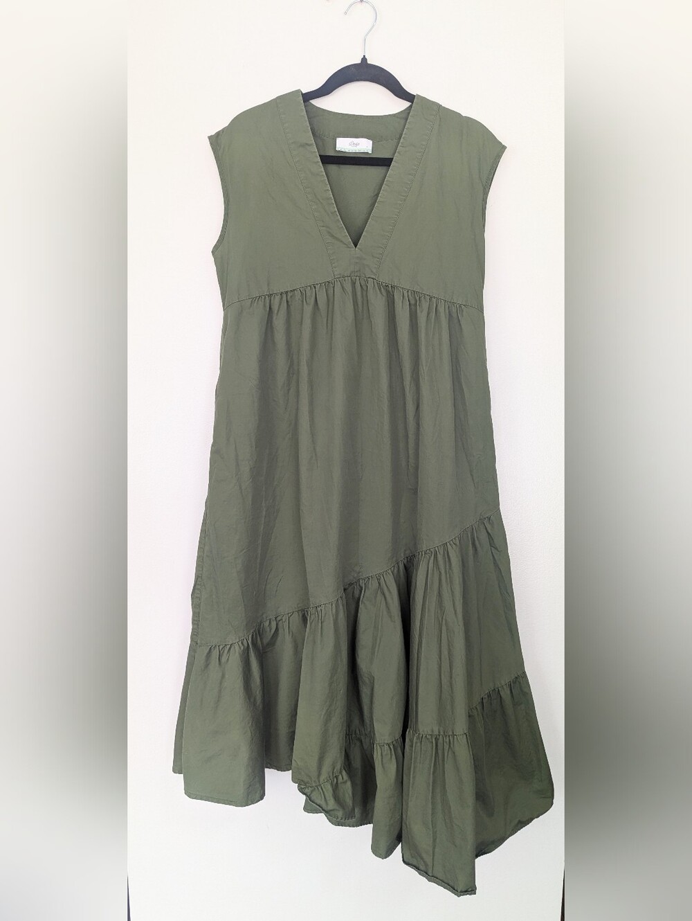 Devotion Twins Olive Green Asymmetrical Tiered Cotton Dress Size Small 021.328G